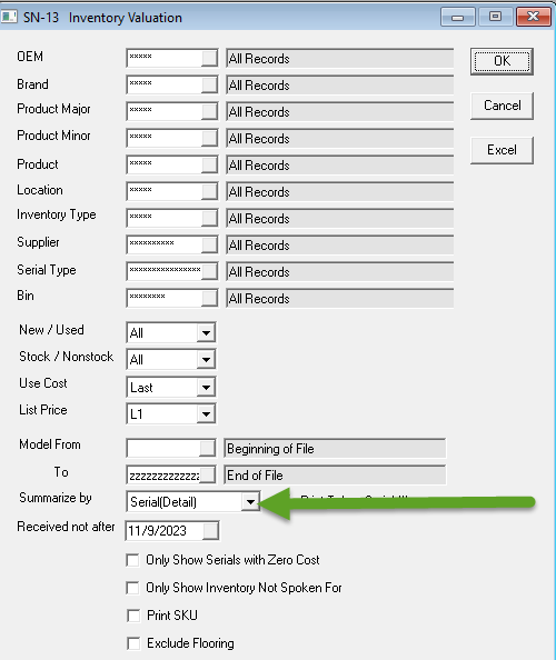 SN-13 Valuation Report not showing Serial Types