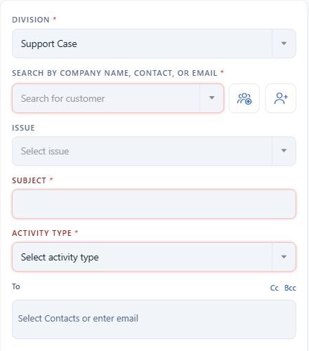 Core Case Add fields for Division, customer search, Issue, Subject, Activity Type, and To, Cc and Bcc recipients.