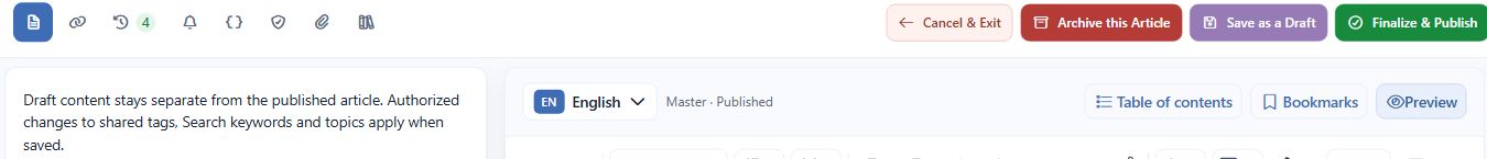 Core article authoring toolbar showing Cancel and Exit, Archive this Article, Save as a Draft, Finalize and Publish, and the active English version.