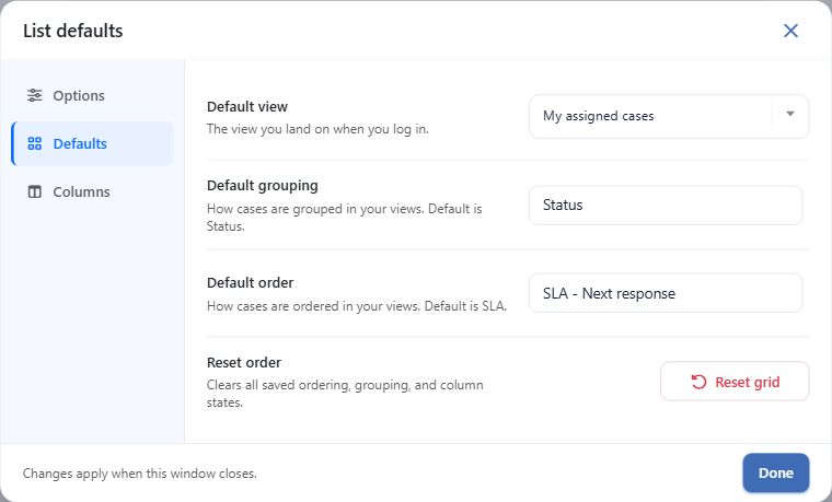 Core List defaults dialog on the Defaults tab, showing Default view, Default grouping, Default order and Done.