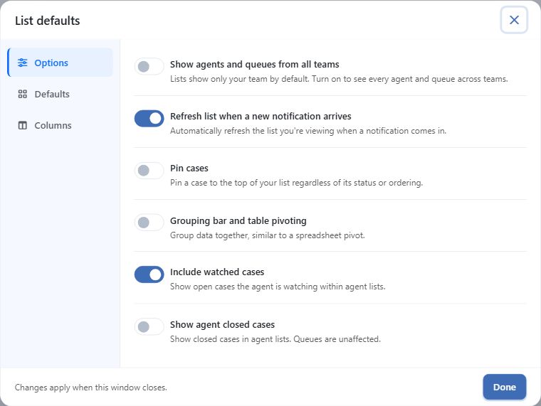 Core List defaults Options tab showing the Grouping bar and table pivoting switch among personal case-list settings.