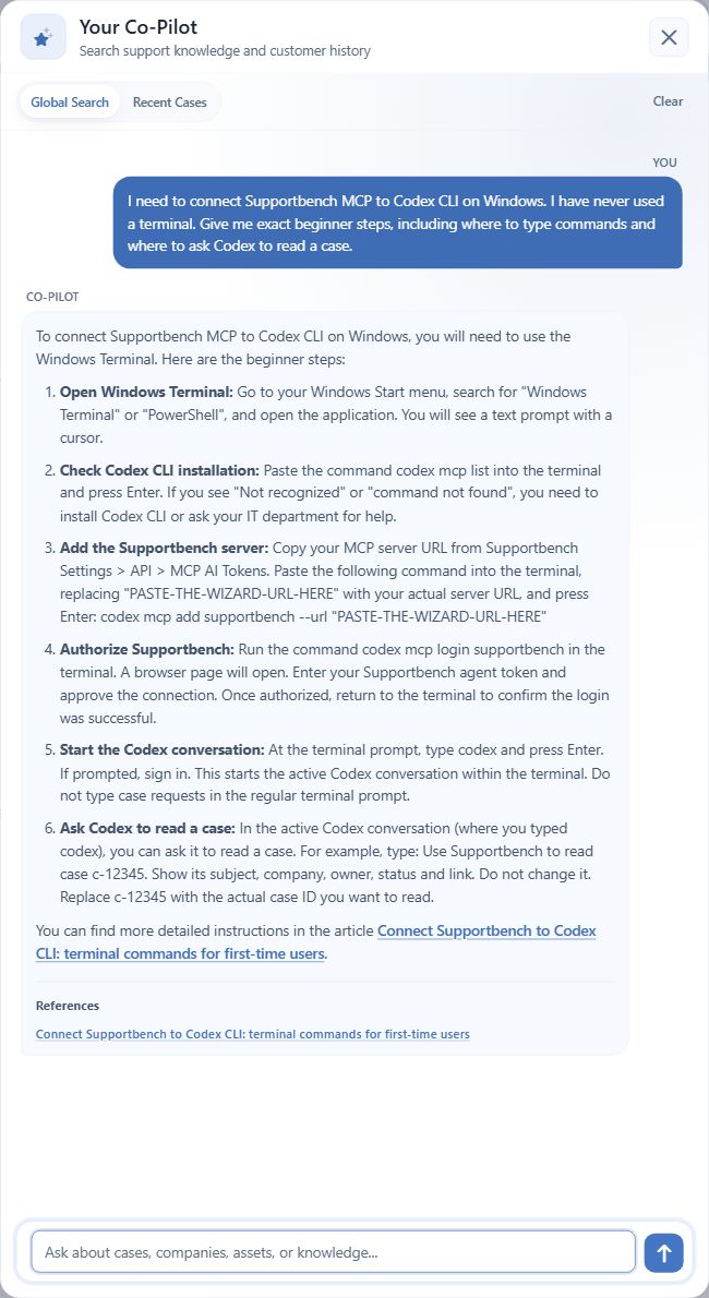 Supportbench Co-Pilot answers a first-time Windows Codex setup question with terminal steps and a link to the beginner guide.